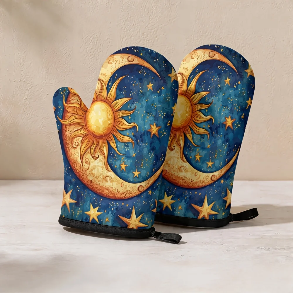 1 Set of 2pcs Oven Mitts, Featuring Mystical Sun Stars Design, Deep Blue Starry Sky Background with Golden