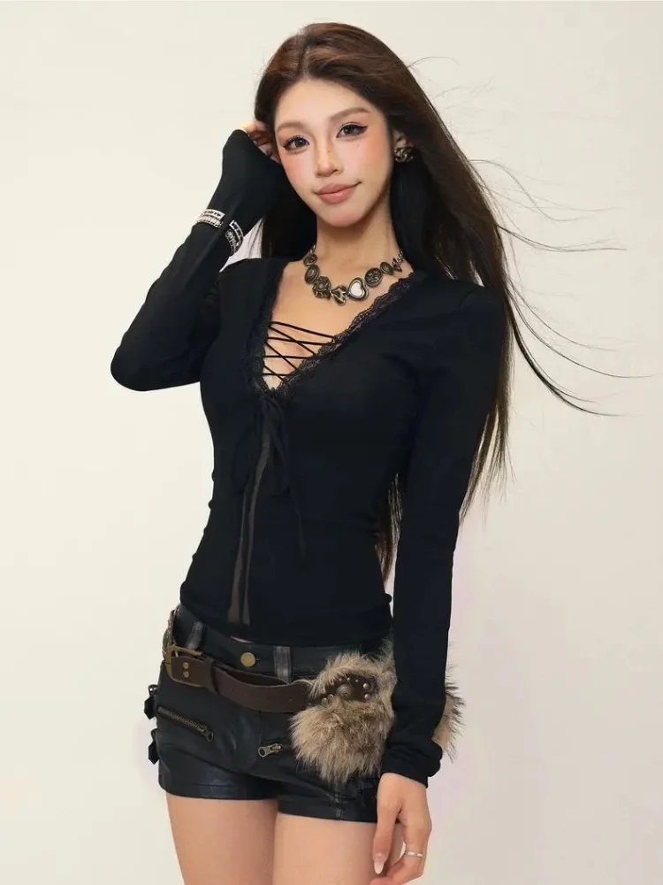 Sexy Lace Bandage V Neck Long Sleeve T-shirts Women Temperament Slim Fit Crop Top Korean Chic Simple Y2k Aesthetic Tees