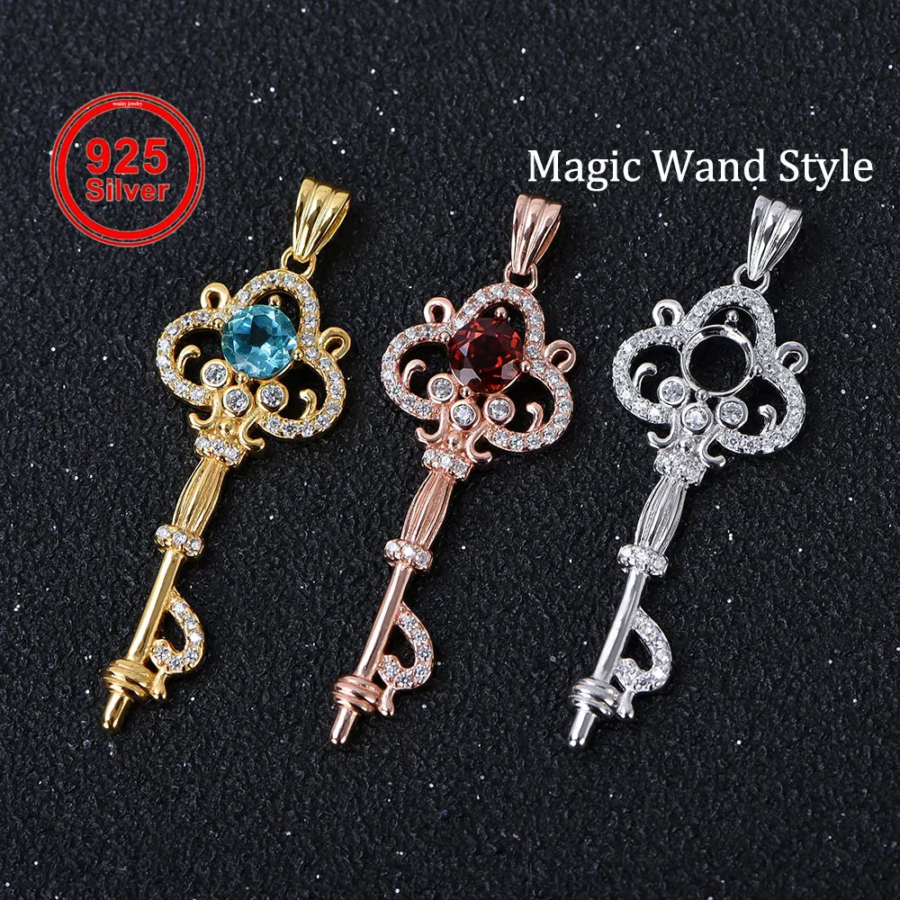5mm round prong pendant settings vintage key magic wand design solid 925 sterling silvery Golden Rose golden color pendant charm