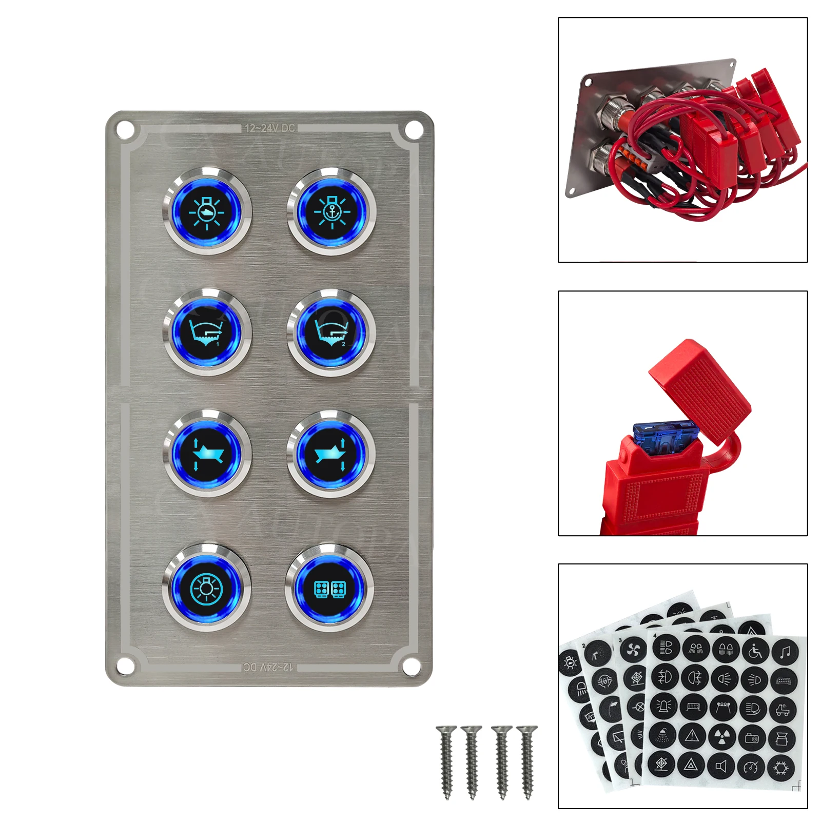 8-Way Marine Switch Panel Waterproof Stainless Steel 12V ON-OFF Blue Lighting Push Button Panel For Boat RV Camper Yacht Jeep