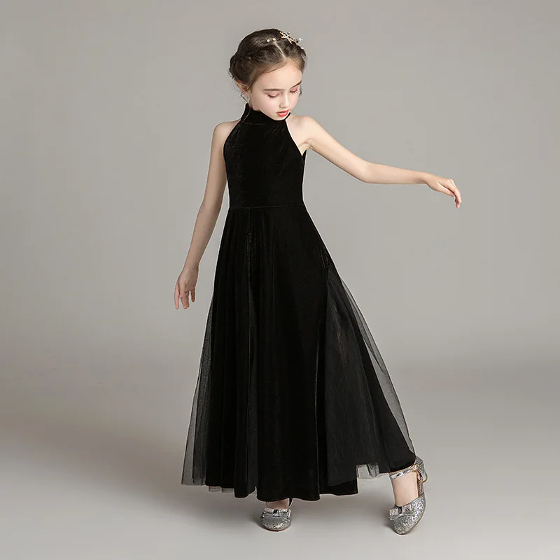 Children's Formal Dress2025New Black Sleeveless Model Show Host Long Piano Performance Dress Girls Princess Dress