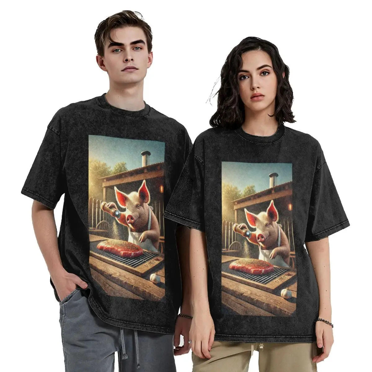 Cooking Pig Cartoon BBQ Scene Hip Hop Short Sleeve T-Shirts Washed Tops Tees Streetwear T Shirt Printed for Men Women