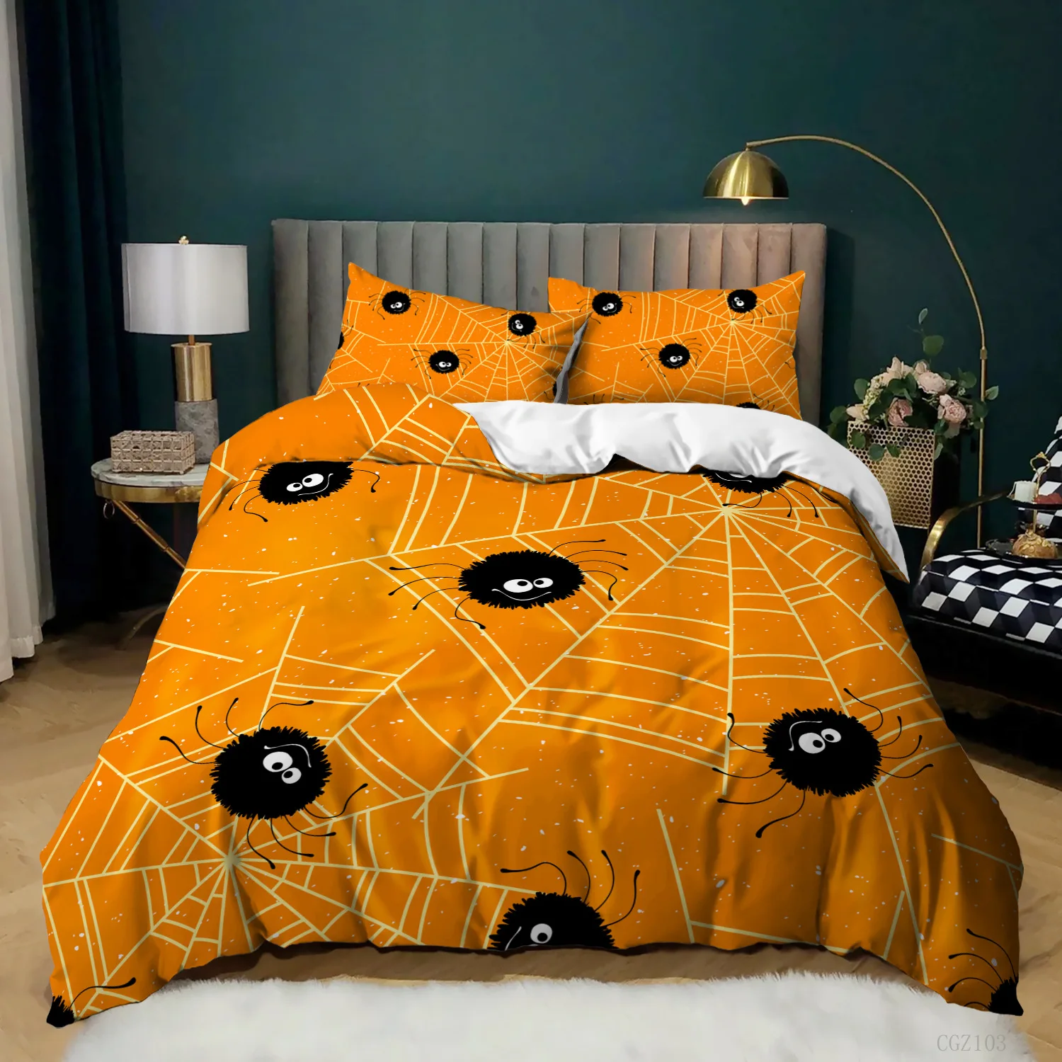 Halloween Bedding Set Gothic Spooky Duvet Cover Pumpkin Lantern Comforter Cover for Kids Boys Bat Spider Web Comforter Cover