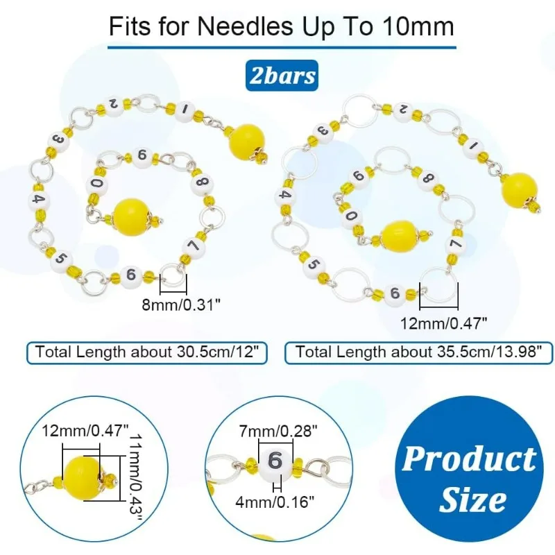 2 Pcs 2 Sizes Yellow Wood Beads Pendant Knitting Row Counter Chains, Opaque Acrylic Number Bead Row Counter Chains