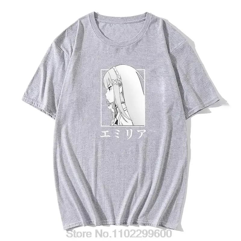 男性と女性のための特大のアニメTシャツ,ram: zero,エミリアプリント,カワイイ服,コットンTシャツ,ヴィンテージ,ストリートウェア,夏