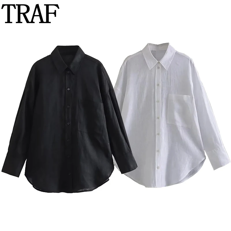 TRAF White Shirt Women Blue Loose Blouses Woman Casual Linen Black Shirt Streetwear Long Sleeve Button Up Shirts And Blouses