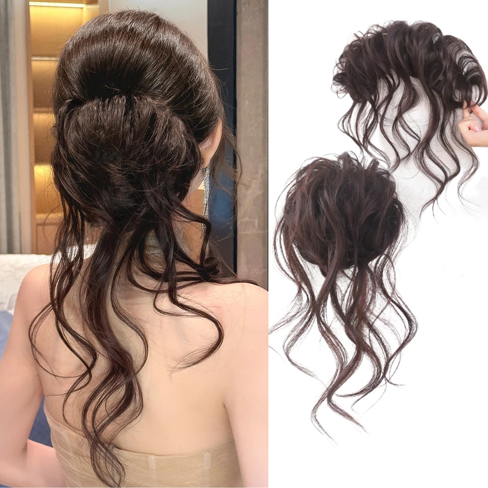 Synthetic Elegant Messy Curly Black Chignon Magic Wand Tassel Hair Bun Fluffy Easy to Style Suitable for Women Daily Use