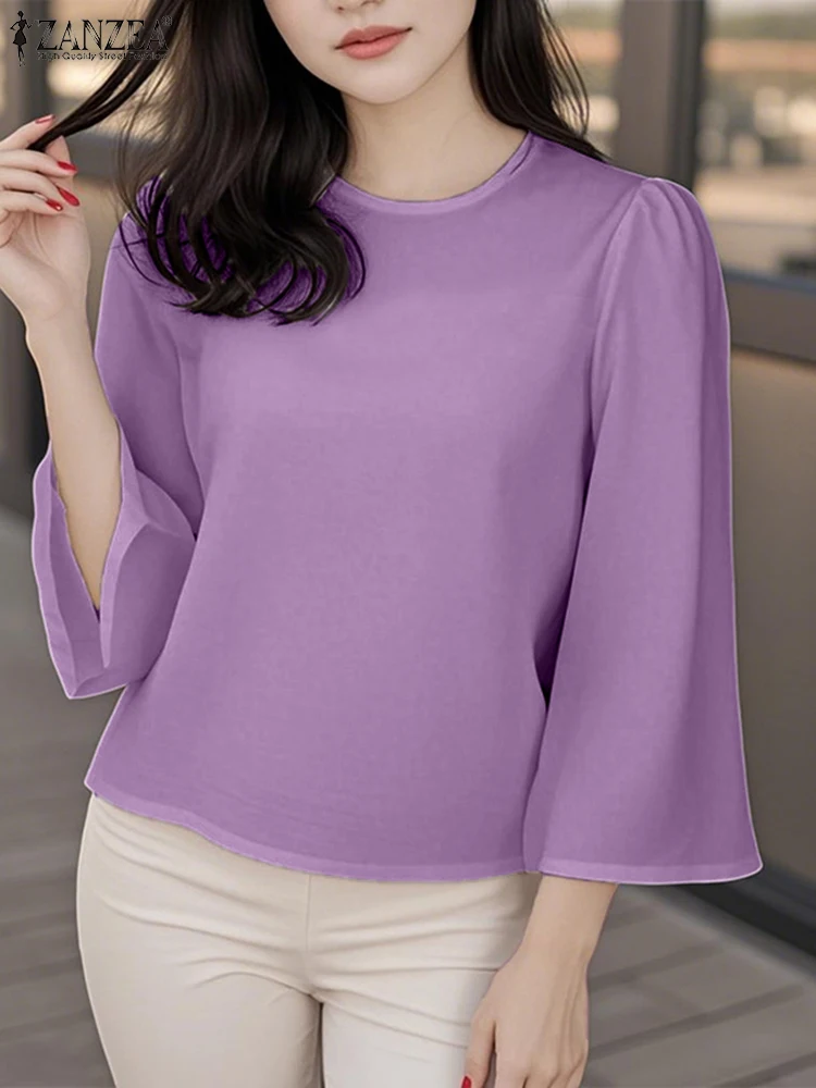 ZANZEA Long Sleeve Autumn Blouses Women Flare Sleeve Blusas Fashion Solid Color Tunic Casual Loose Tops OL Work Pullovers