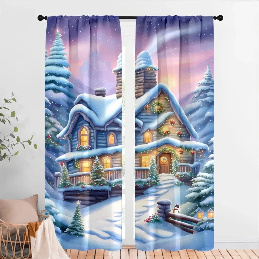 Cozy Winter Cabin Christmas Scene Curtain for Living Room Home Decor Festive Snowfall Window Treatment