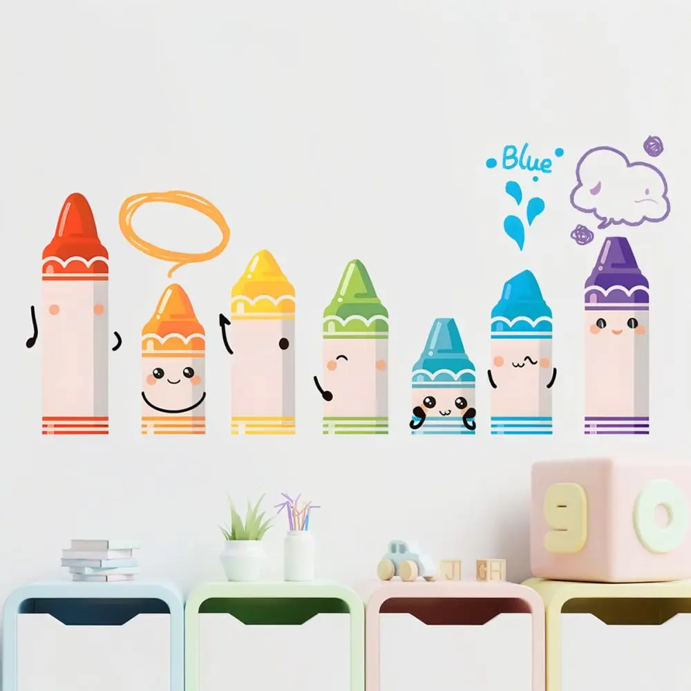Colorful Crayon Wall Stickers For Kids Room Kindergarten Classroom Decor Cartoon PVC Decal Art Mural Self Adhesive Wallpaper