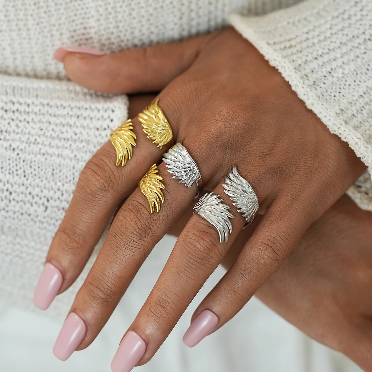 18K Gold Plated Stainless Steel Peace Dove Wings Feathers Open Ring Women Niche Light Luxury Anti Allergic Women's Jewelry
