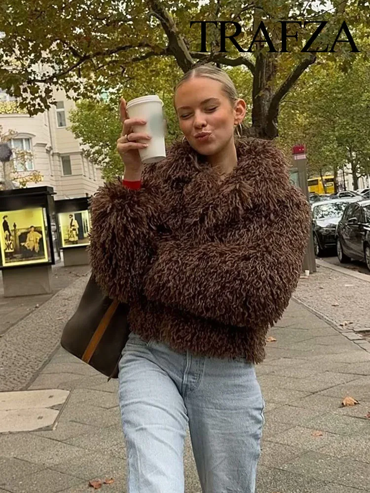 TRAFZA Women Fashion Thick Coats Brown Turn Down Collar Long Sleeves Female Winter High Street Faux Fur Loose Warm Coats