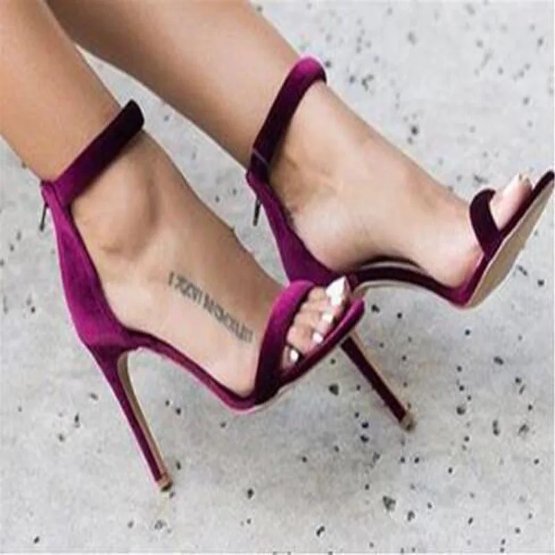 Women Fashion Black Purple Velvet One Line Cover Heel Zipper Back Thin Heel Summer Sandals Banquet Prom Shoes Drop Shipping