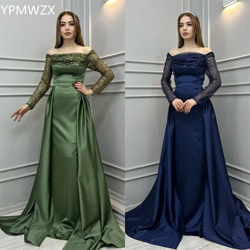 Customized Women Party Dress Occasion Prom Gown Evening YPMWZX Off-the-shoulder Ball Floor Length   Sequin Draped Bes