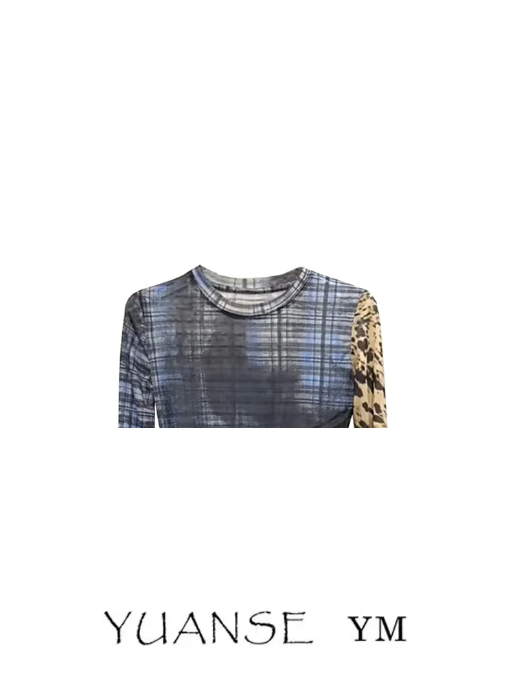 2024 New Retro Plaid Splicing Mesh Print T-Shirt Women's Spicy Style Thin Transparent Slim Long Sleeve Short Length Top