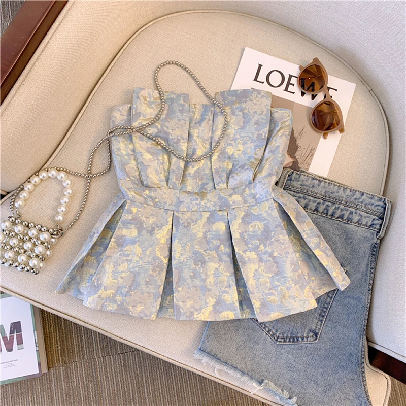 Fashion Floral Print Strapless Vest Women 2024 Summer New Sexy Off-shoulder Slim Crop Top French Chic Versatile Top Streetwear