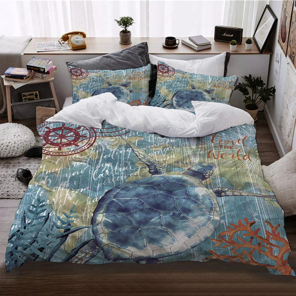 Three piece set of ocean anime turtle polyester brushed high-quality bed sheets, duvet covers, bedding