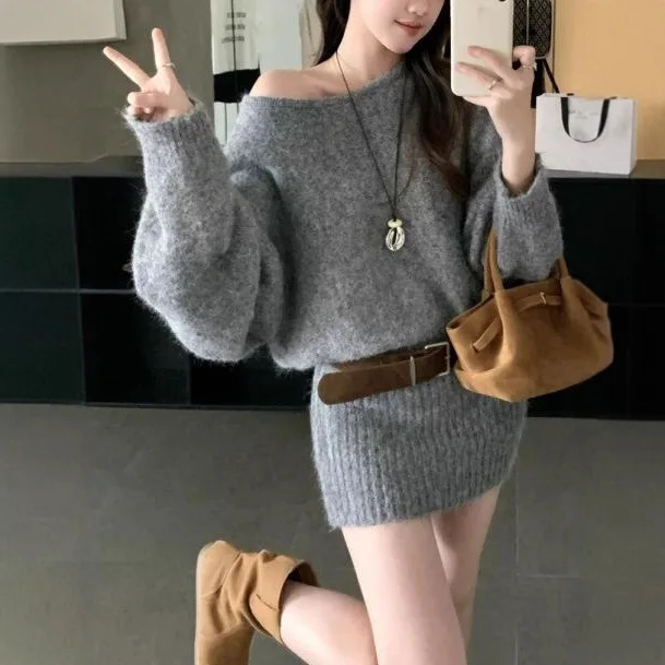 

Korean Style Gray Sloping Shoulder Knitted Dress for Children In Early Autumn New Spicy Girl Sweater Hip Hugging Short Skirt