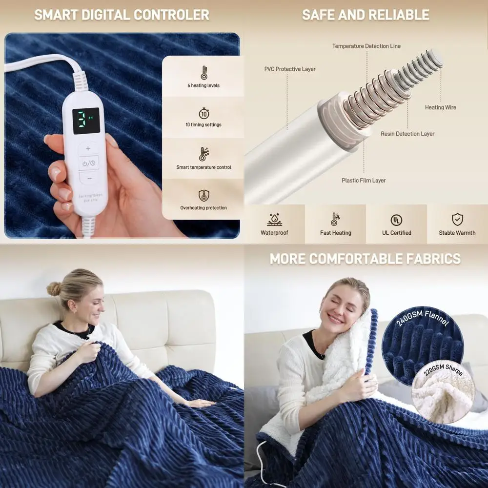 

King Size 100x90 Flannel Electric Blanket with 10 Timers, 6 Heat Levels, Washable & Overheat Protection - Navy Blue