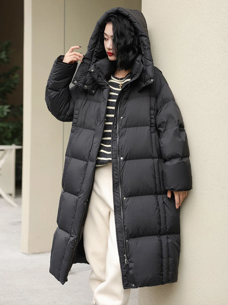 Winter Clothes for Women Hooded Long Coats Down White Duck Down Warm Puffer Jacket Middle-length Ressure Plaid Down Jacket Women