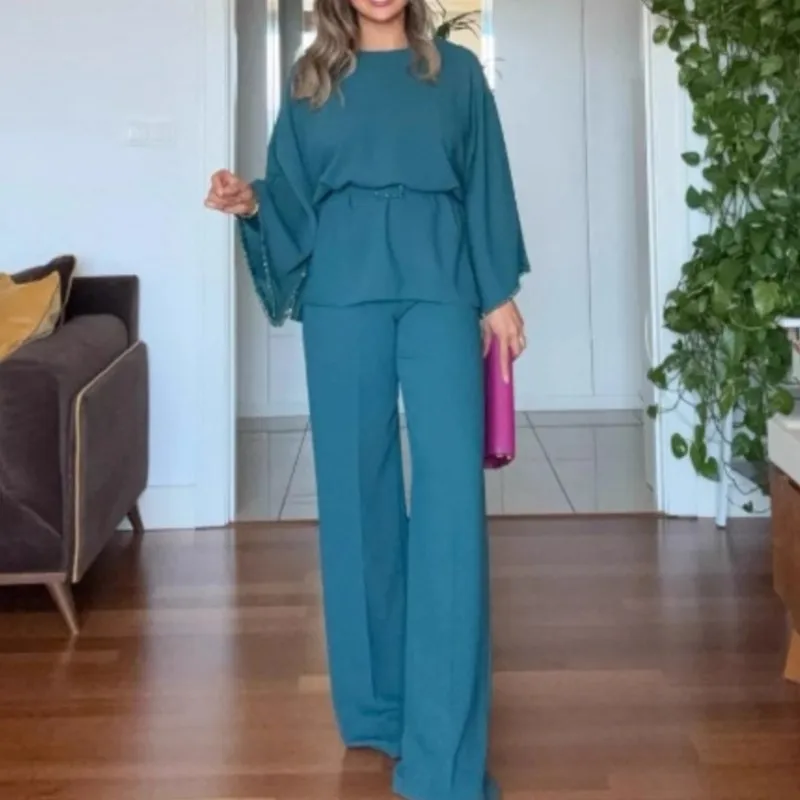 

2025 Осенний новый модный однотонный женский комплект, простой свободный топ с длинными рукавами и инкрустацией бриллиантами, повседневные широкие брюки, комплект из двух предметов