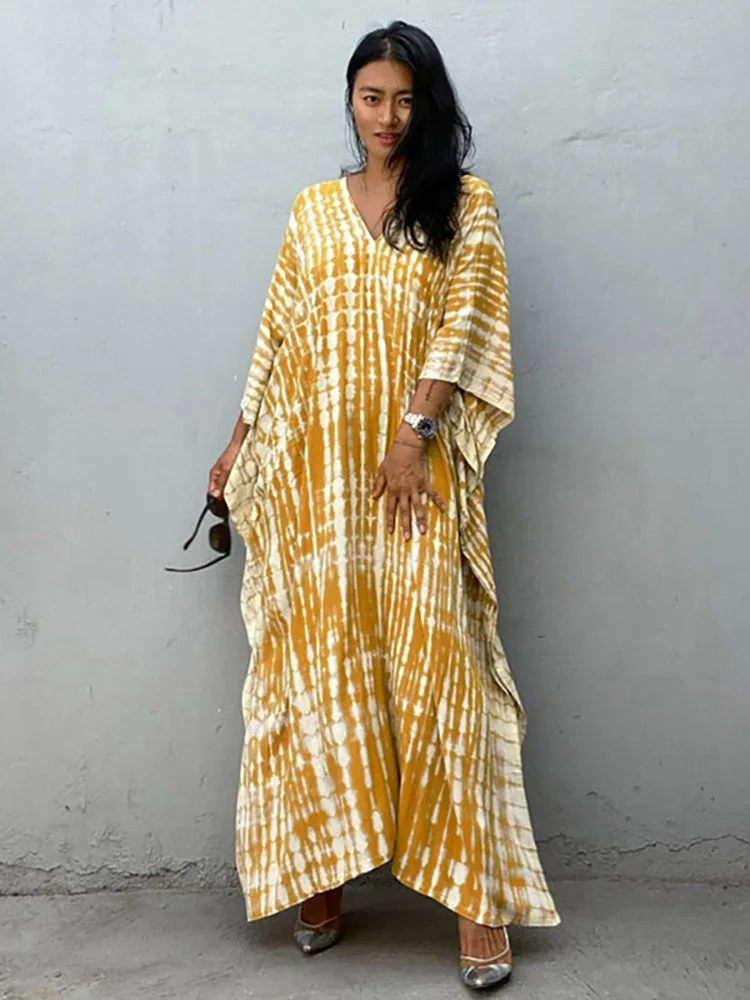 2024 Summer Women Print Beach Dress Bathing Suit Cover Up Casual Maxi Dresses Plus Size Kaftan Robe Tunic Kimono Beach Wear