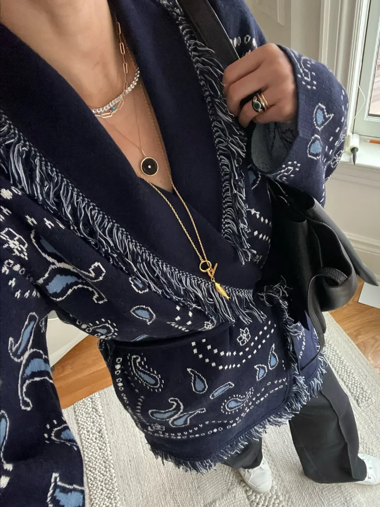 شرابة المرقعة المطبوعة سترة المرأة موضة الخامس الرقبة طويلة الأكمام ملابس خارجية فضفاضة سيدة الخريف اليومية تخفيف الشارع بالأزرار