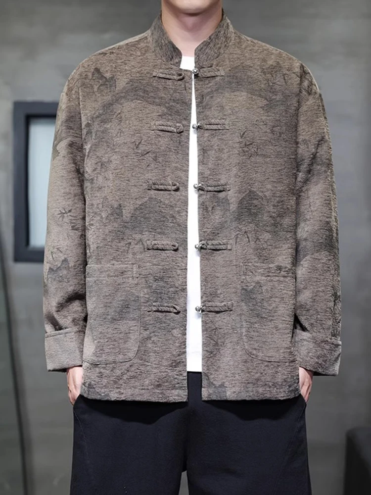 

Retro Print Button up Men's Jaet Spring New Sle Middle-Aged And ly Dad Clothes Outerwear Improved Hanfu Loose Fit