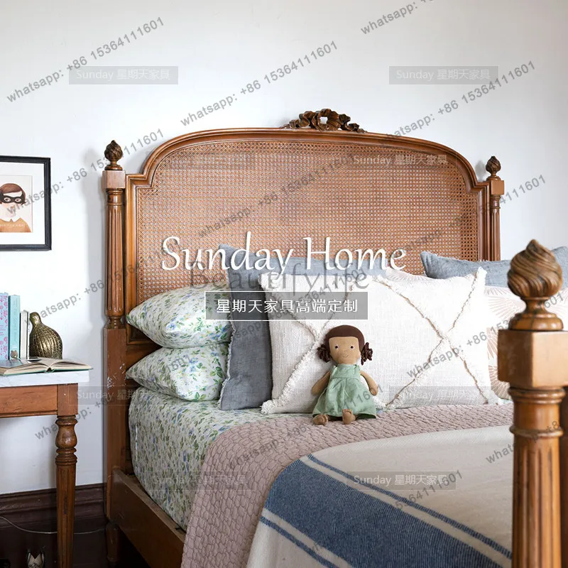 American retro solid wood rattan bed French light luxury rural double bed 1.8 meters master bed