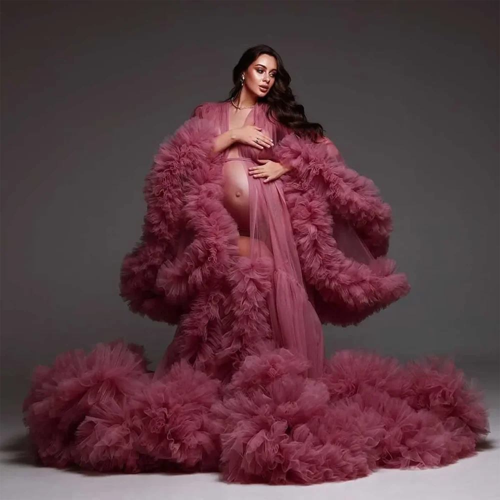 Luxurious Ruffled Tulle Maternity Dresses Photoshoot платье для беременных Sheer Fluffy Tulle Baby Shower Dress Pregnancy Robes