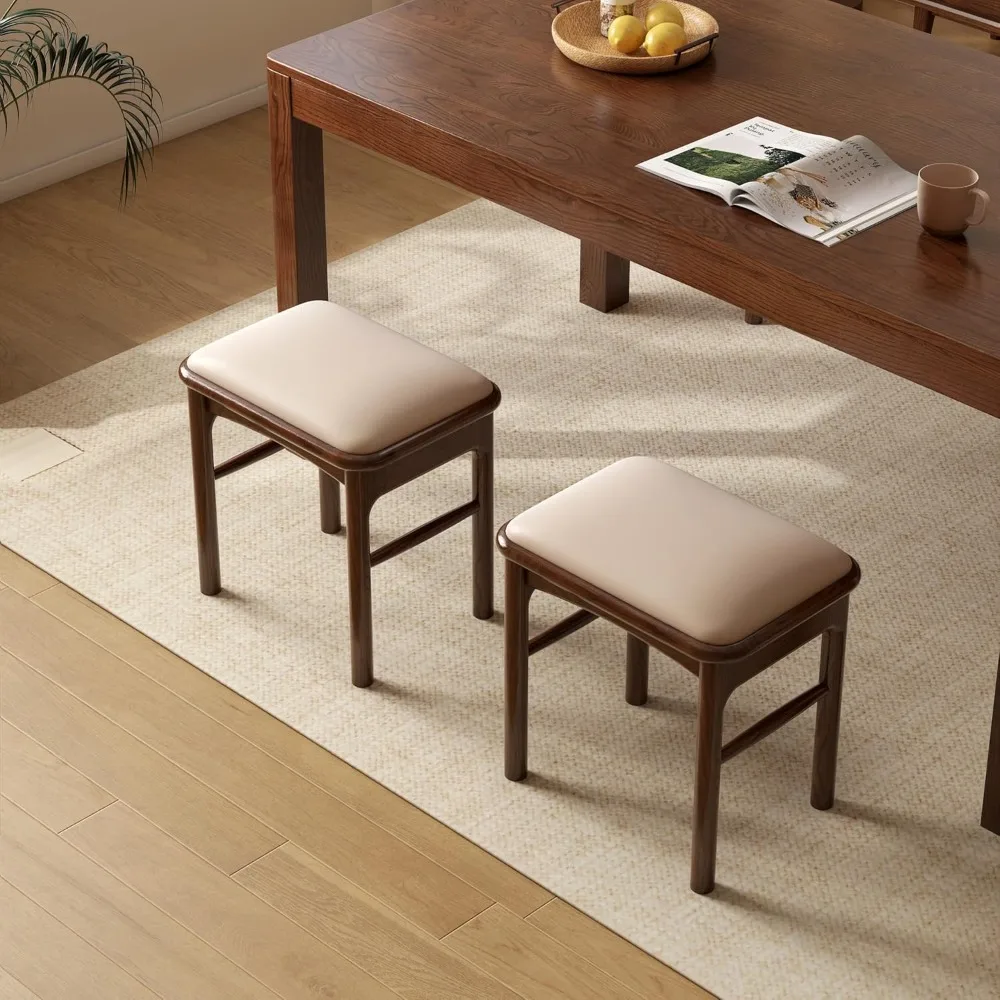 

Upholstered Stool with Solid Wood Leg, Leather Padded Dining Ottoman Walnut Footrest Stool Bench Seat for Entryway Kitchen Dinin