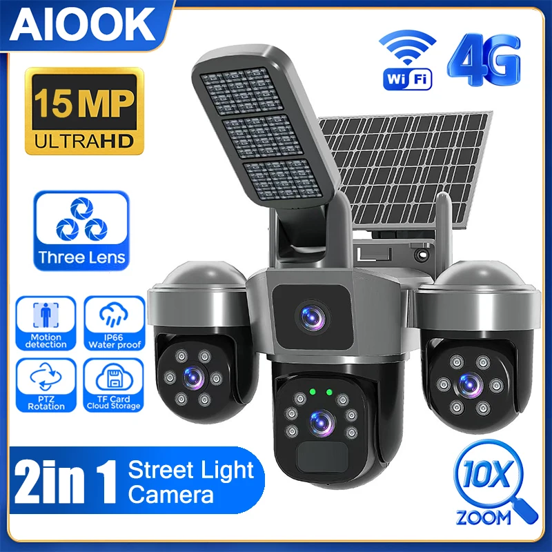 

AIOOK 2in1 Solar Street Light Camera Outdoor Waterproof HD Triple Lens WiFi 4G V380 Pro Camera Night Vision with Motion Tracking