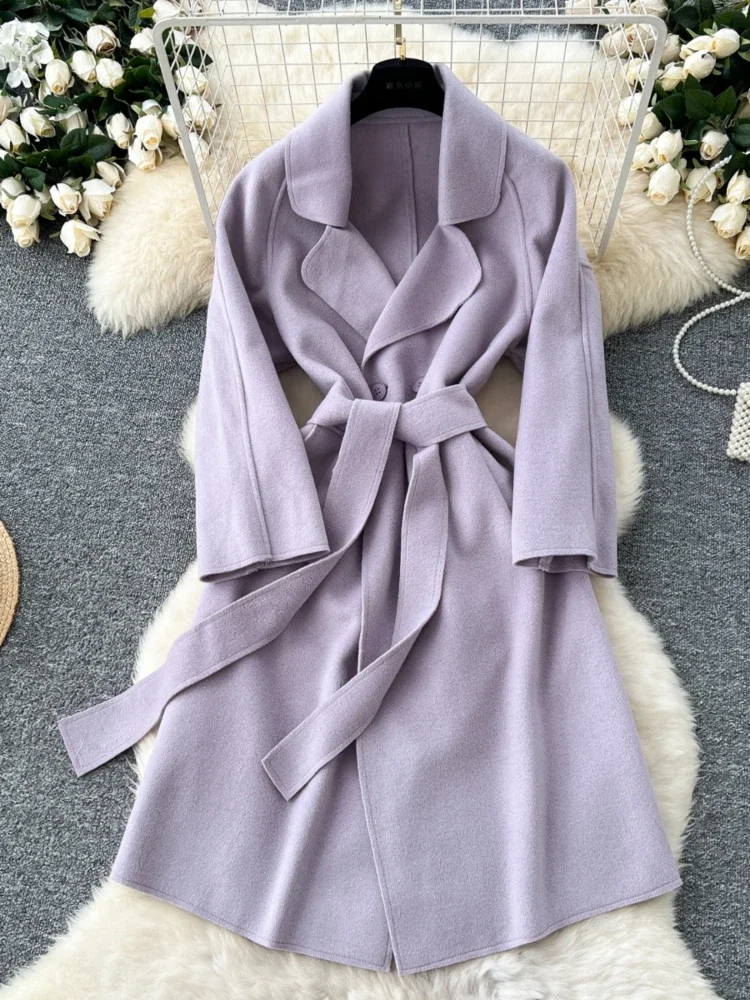 Women Elegant Woolen Coat Autumn Winter Turn Down Collar Long Sleeved Blends Coats Korean Vintage Long Windbreaker Trench Coats