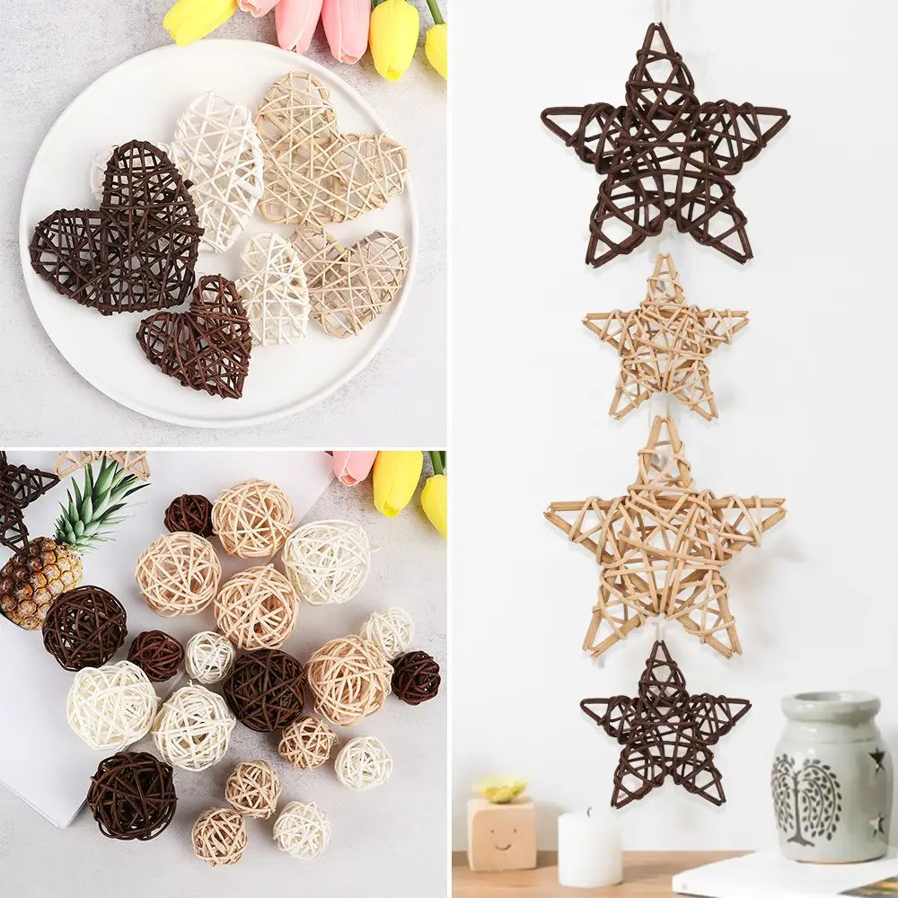 10pcs Mixed Color Wood Coffee White Rattan Ball Heart Stars Home Decorations Christmas Tree Ornament