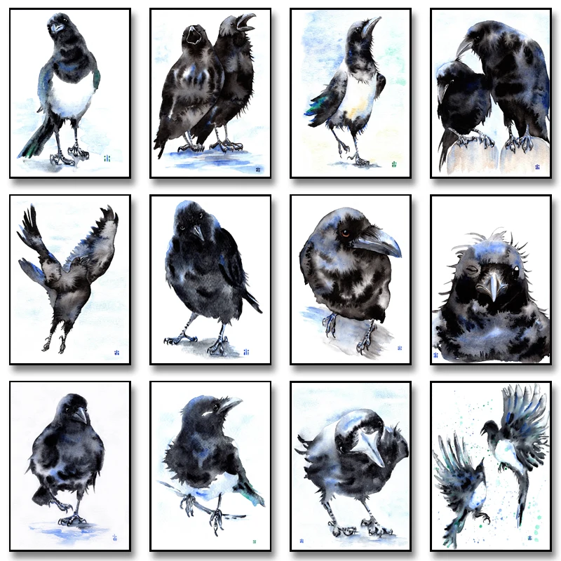 Black and White Magpie and Crow Portrait Posters and Prints Canvas Painting Wall Art Pictures Home Bar Room Decoration