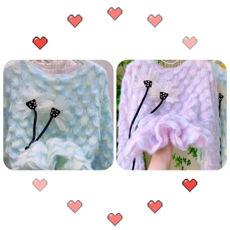 French Style Autumn Winter New Design Sense Intensive Processing Feathers Soft Comfortable Knitted Hollow Out Fairy Pullovers