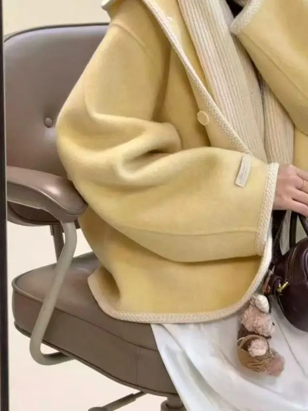 

Extra Large 300 Pou College Sle Hooded Casual Woolen Coat Women ort Slim Double Face Tweed Jaet Autumn Winter