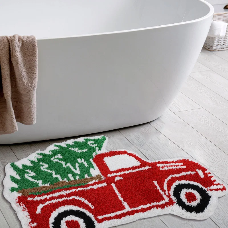 VIKAMA Vintage Red Pickup Truck Rug, Christmas Truck with Tree Carpet Mat, 2027 Merry Christmas Home Decor, Cozy Gift