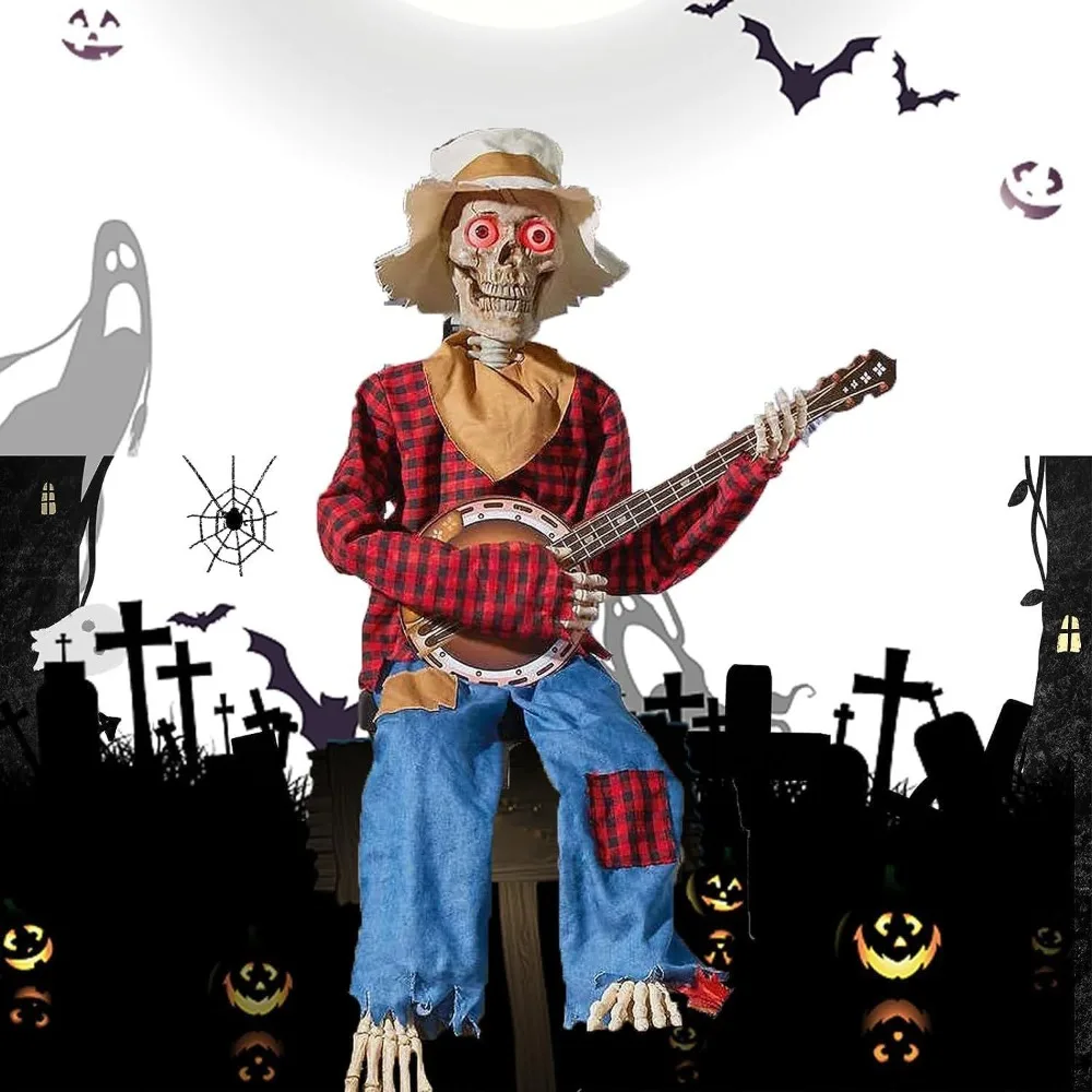 PP Dueling Banjo Skeletons Animated Luminescent Rock Singer Skeleton Figurines Latest Horror Night Halloween Skeleton Sculpture
