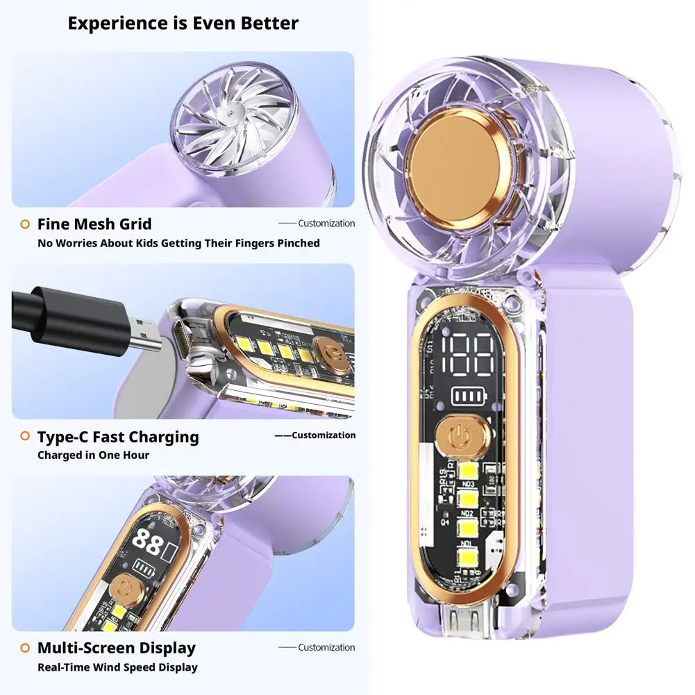 Mini Handheld Fan 22000 RPM High Speed Brushless Motor Turbo Fan 100 Speed Adjustable Portable Digital Display USB C Charging