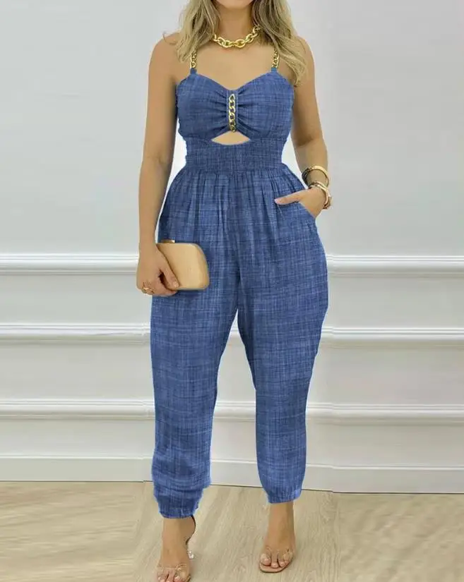 

Women's Jumpsuit 2023 Spring Fashion Chain Strap Cutout Shirred Casual V-Neck Sleeveless Pocket Design Jumpsuit Y2K Streetwear