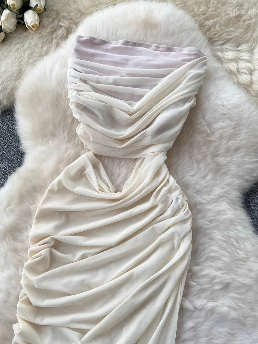 Foamlina Abito slim senza maniche con vita cava alla moda Abiti longuette in rete divisa con ritaglio a cuore sexy americano da donna