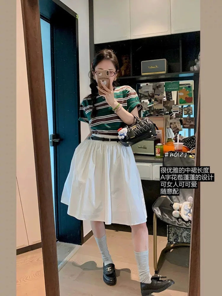 High Waist A-Line Bloomer Midi Skirt Women's Pleated Casual Korean Style Pure Color Cotton Blend Summer Skirts