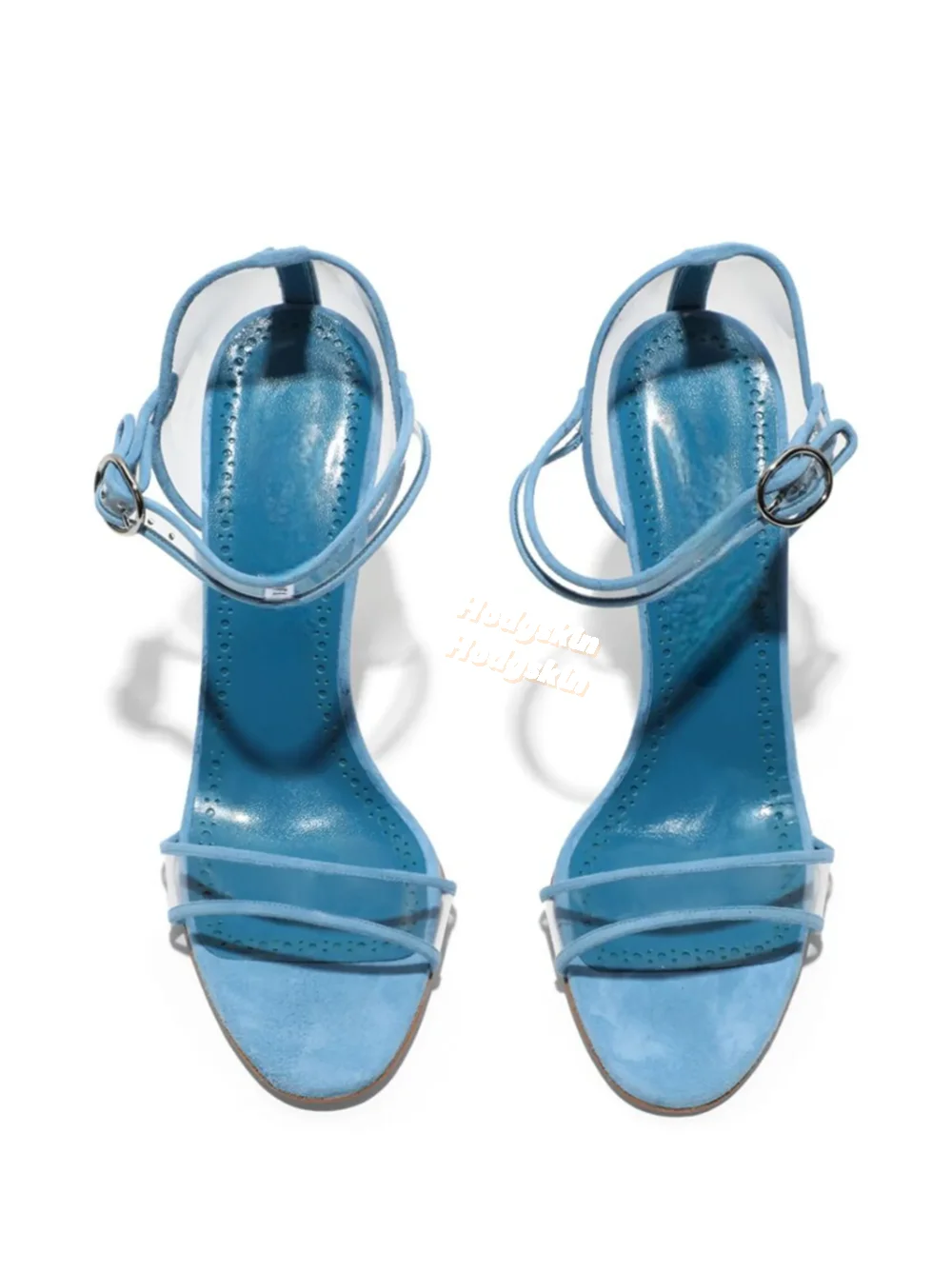 

Blue Suede Round Open Toe Sandals Thin High Heels Ankle Strap Buckle Transparent PVC Solid Women Stilettos Sexy Shoes Dress