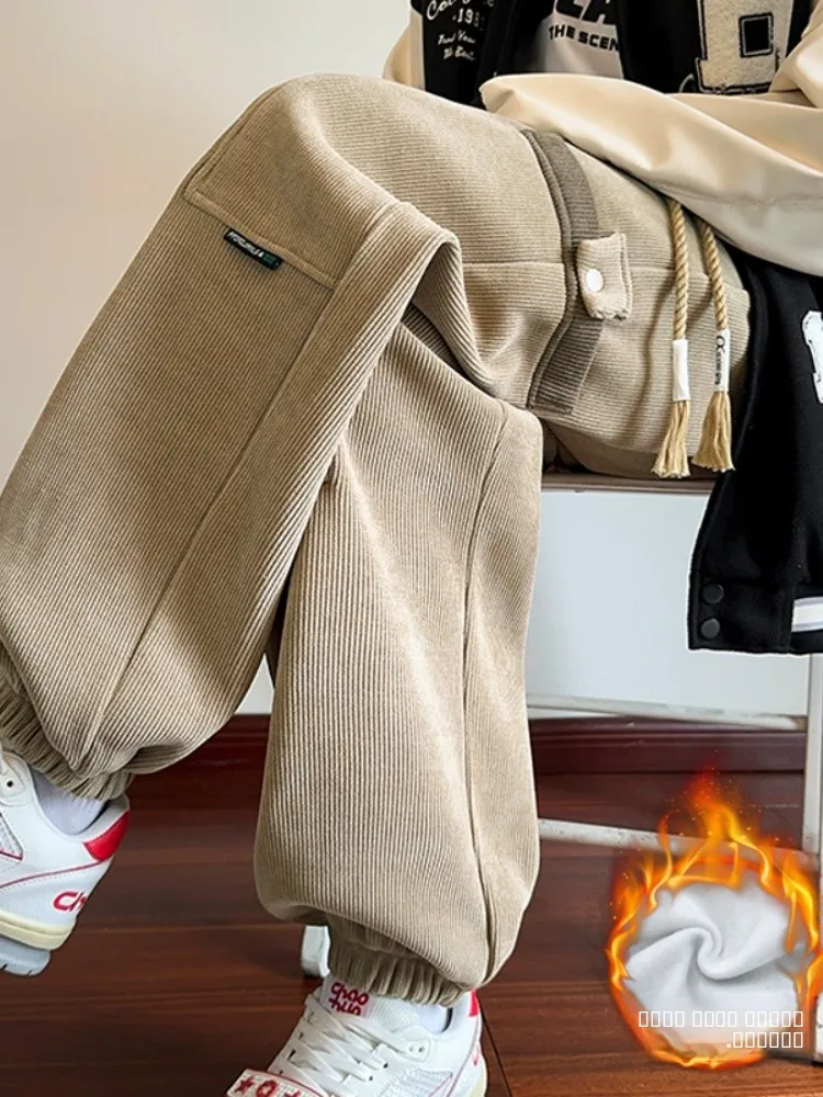 

Мужские брюки из вельвета цвета хаки на флисовой подкладке, утепленные, с манжетами, повседневные, в американском ретро-стиле, зимние, длинные, свободного кроя, молодежные, модные