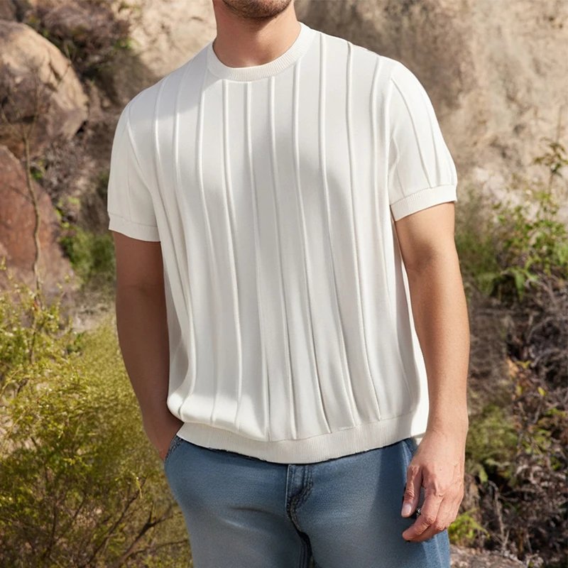 New Fashion Mens Solid Color Slim T Shirts Knitted Short Sleeve O Neck Jumper Top Men Summer Trendy Striped Crochet Knit T-shirt