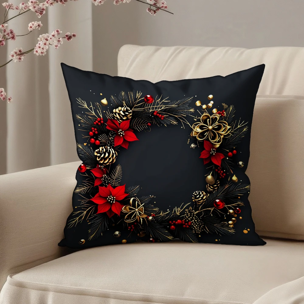 Square Throw Pillow Case Black Christmas Wreath Red Poinsettia Gold Pinecone Berry Floral Pattern For Home Sofa Chair Bedroom Li
