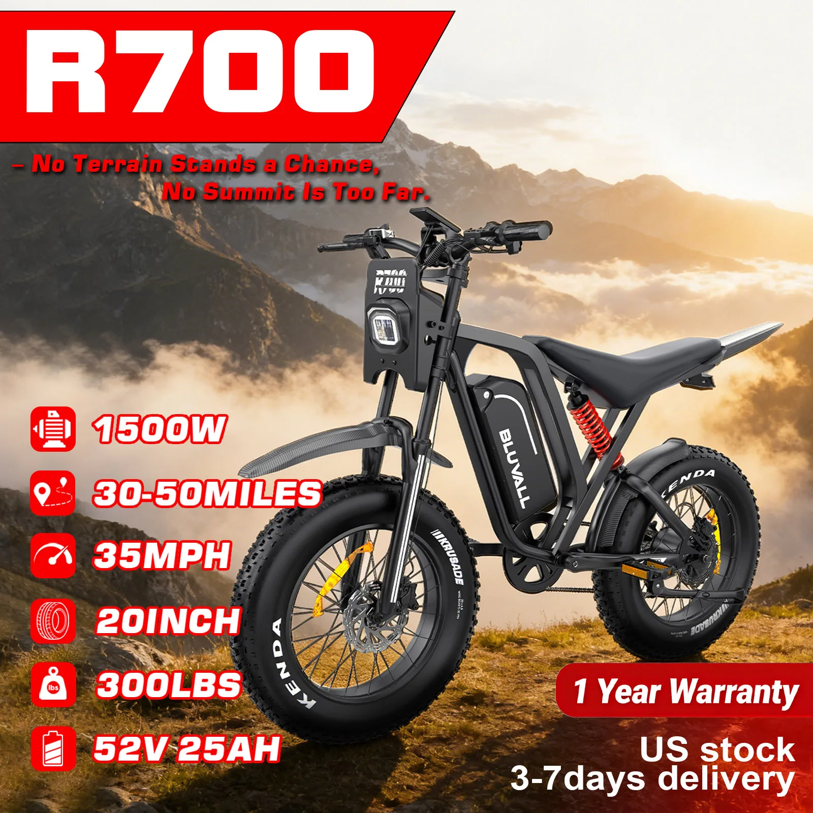 

R700 1500W Electric Bike Adults 52V 22.4AH Battery 26" Fat Tire - Waterproof All-Terrain EBike for Road Snow Beach Fast Shipping