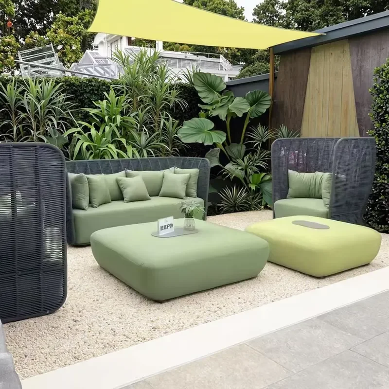 High Back Reclining Woven Rattan Lounge Chair Bed Set Waterproof Outdoor Sofa for Villas Courtyards Balconies Gardens
