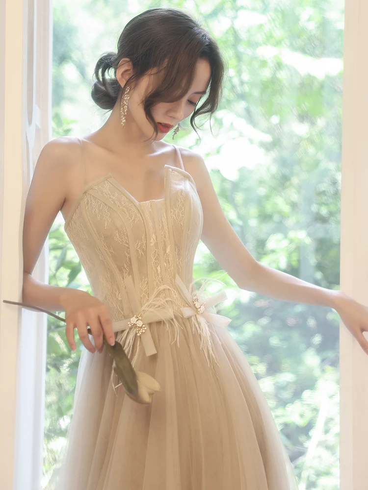 

Ladies Khaki Evening Dress Sexy Sleeveless Banquet Elegant A-line Floor-length Long Prom Formal Gowns For Women Vestidos